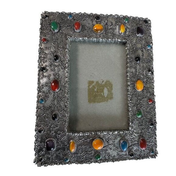 Vintage Ornate Silver Jeweled Picture Frame Multicolor cabochon stones southwest - Picture 1 of 4